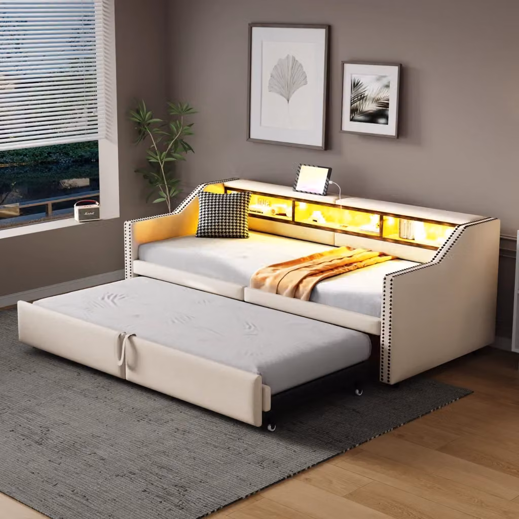 Letto Mivray trasformabile con letto estraibile e rete a doghe, colore beige, dotato di illuminazione LED sottostante, porta USB e scomparti laterali, dimensioni: 90 x 200 cm trasformabile in 180 x 200 cm – 2