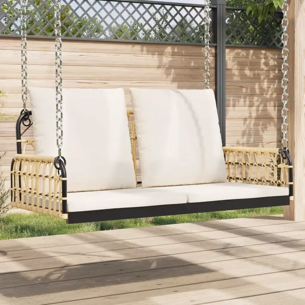 Panchina a dondolo da giardino in polyrattan con cuscini inclusi, L: 105 cm, P: 58 cm, H: 38 cm – 2