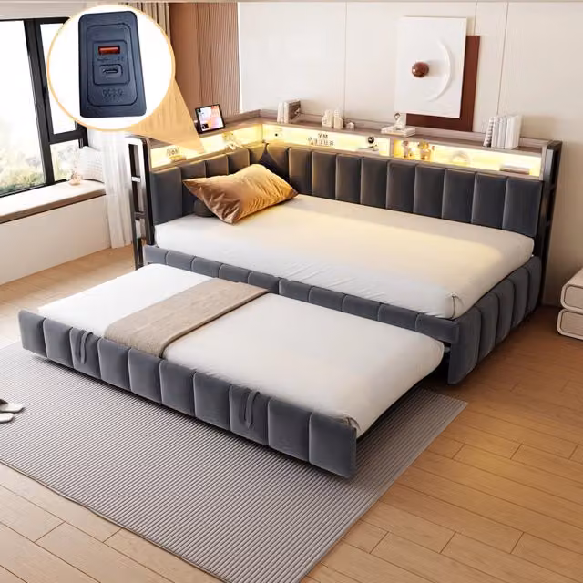 Divano letto singolo MIVRAY in velluto grigio con letto estraibile, illuminazione LED e porte USB e Type-C, L/P/H: 90 x 200 cm