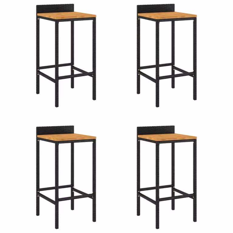 Set di 4 sgabelli da bar vidaXL in rattan e legno di acacia nero per cucina o giardino, H 86 x L 40 x P 44 cm