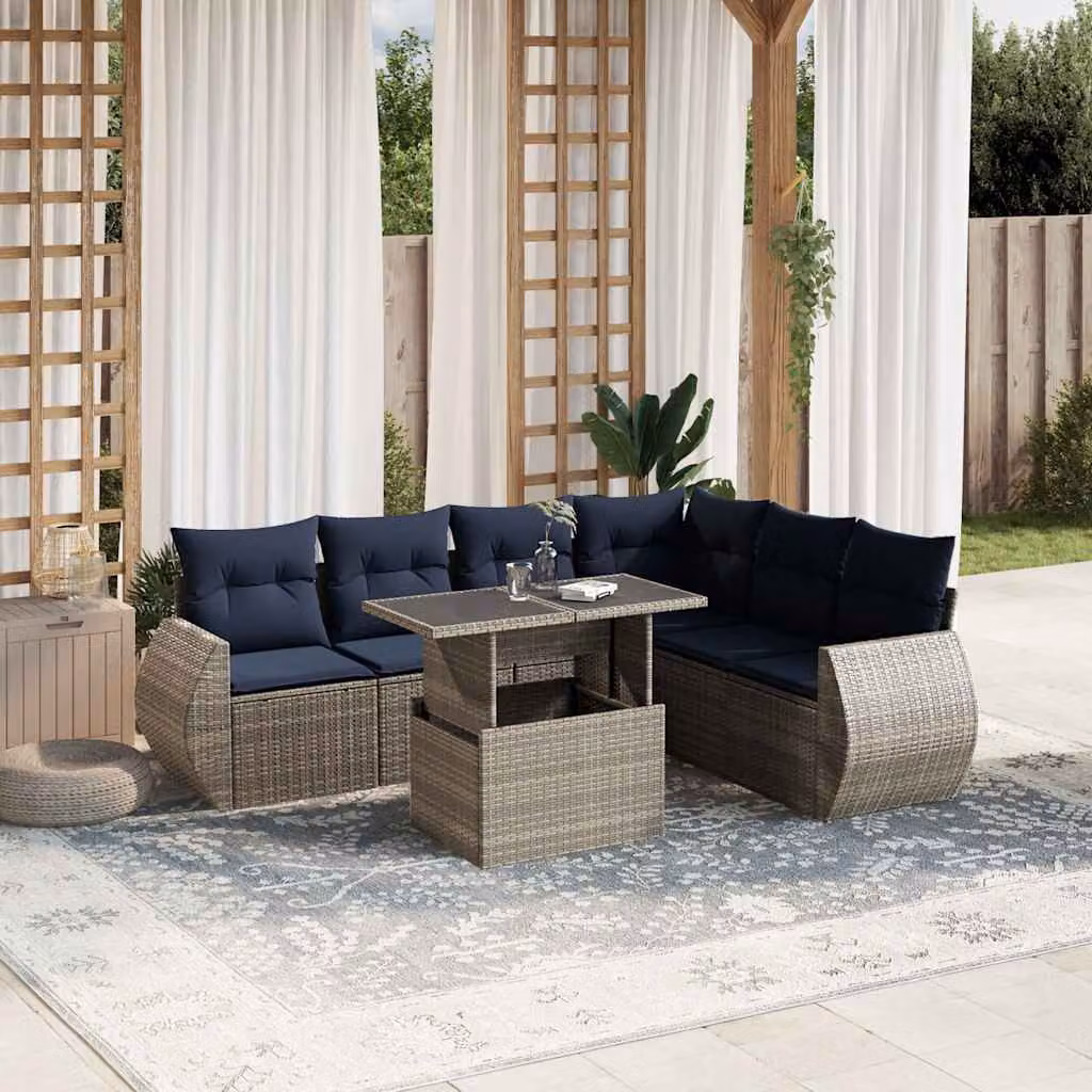 Set Divano da Giardino vidaXL 7 pz in Polyrattan Grigio con Cuscini e Tavolino
