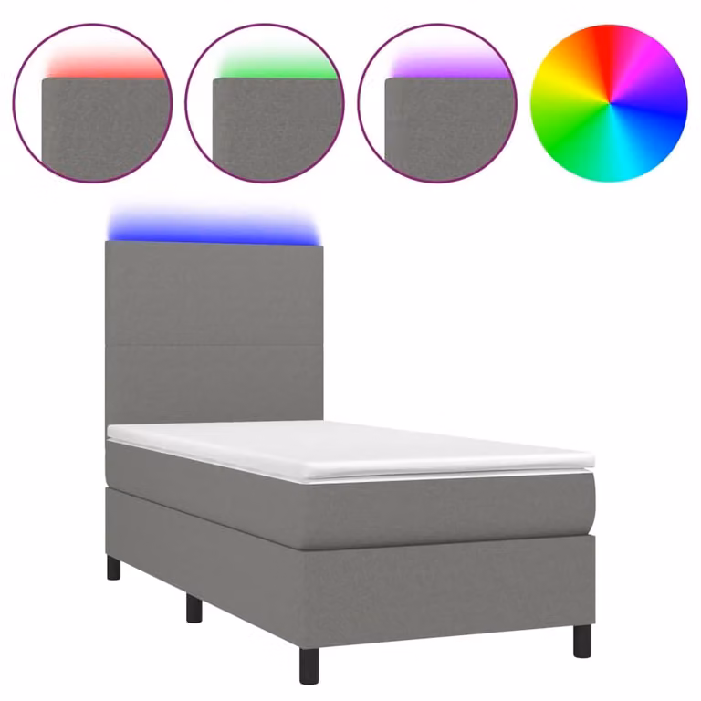 Letto a Molle Materasso e LED Grigio Scuro 90x190 cm in Tessuto