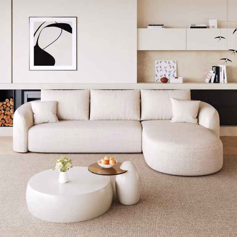 Divano angolare MODFU a forma di L, divano modulare a 2 posti con chaise longue a destra, dimensioni 266 x 168 x 85 cm, divano componibile senza montaggio, divano letto per soggiorno, colore bianco