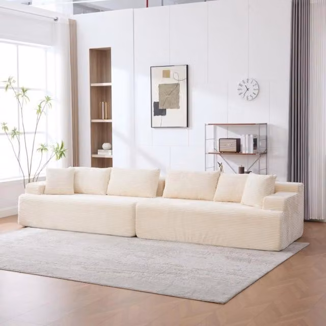Divano modulare a L da 6 posti in tessuto beige con schiuma ad alta elasticità e base antiscivolo