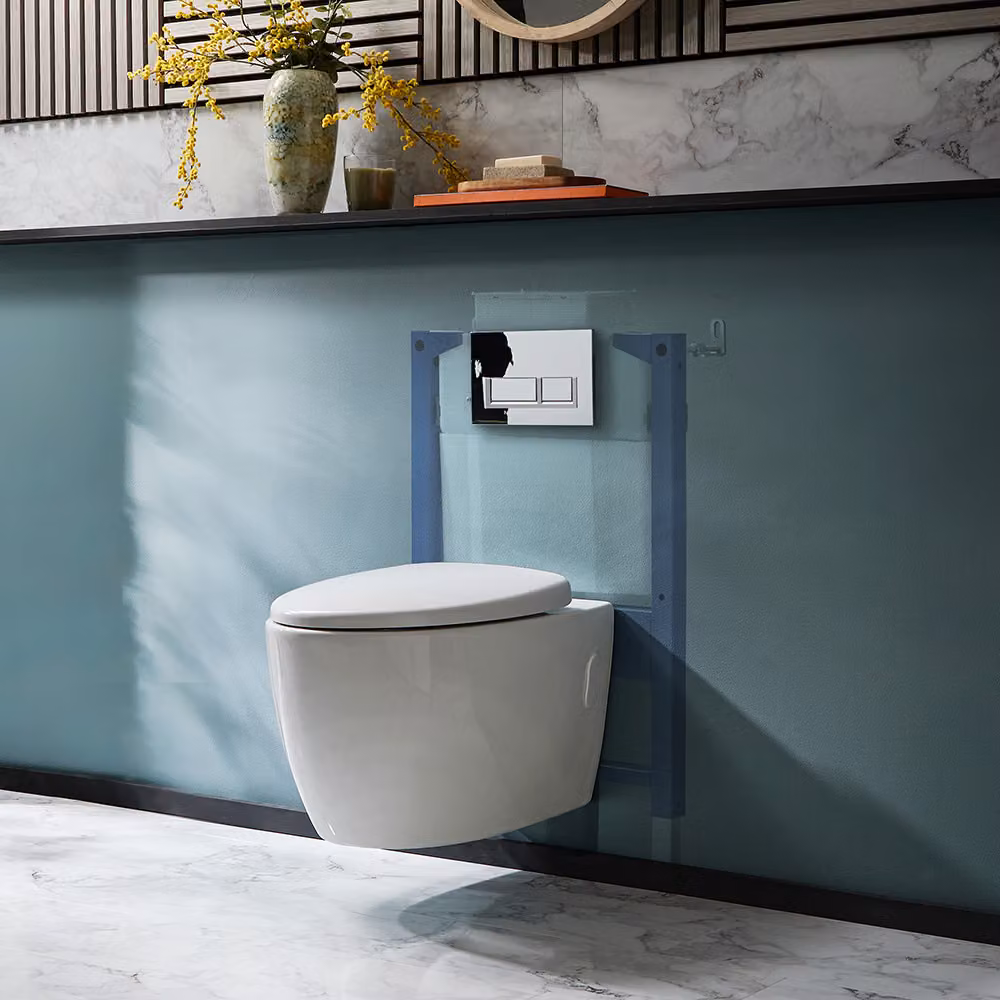 Sanitario WC Sospeso Senza Brida con Telaio Corto - Placca di Comando Rettangolare Bianca/Cromata - Kenton