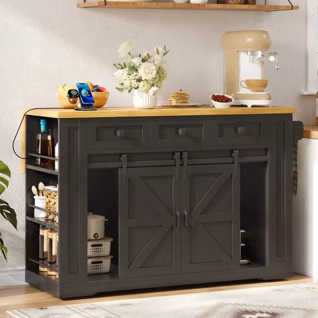 Carrello da cucina con piano ribaltabile, 3 cassetti, ripiani regolabili, prese elettriche e ruote, MDF nero naturale