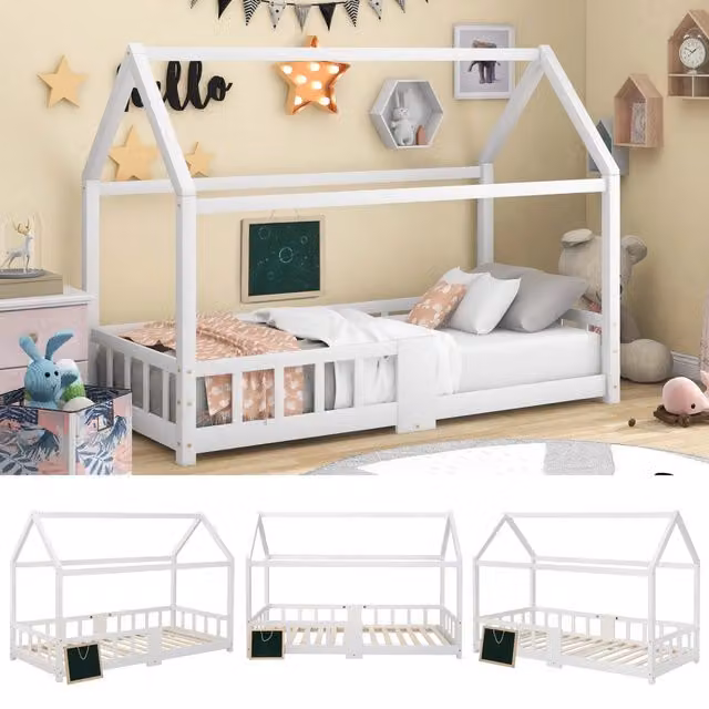 Letto a Casetta 90x200 cm in Legno Massello Bianco con Sponde di Sicurezza e Lavagna
