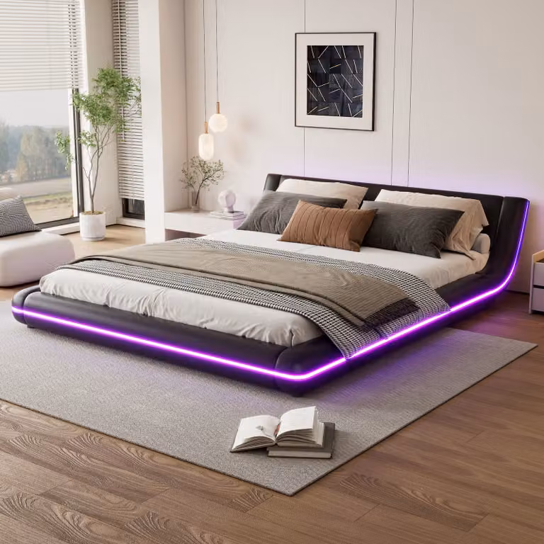 Letto imbottito Abrihome 160x200cm con LED, letto matrimoniale letto giovanile con rete a doghe, letto da terra, nero