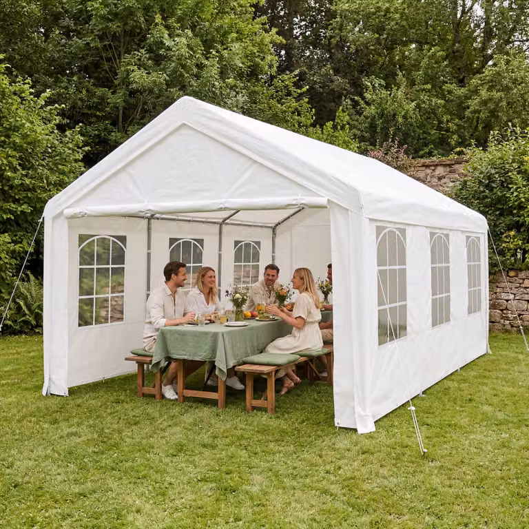 Gazebo da giardino Tectake bianco con pareti laterali e finestre in acciaio galvanizzato e poliestere L: 600 cm, P: 400 cm, H: 310 cm