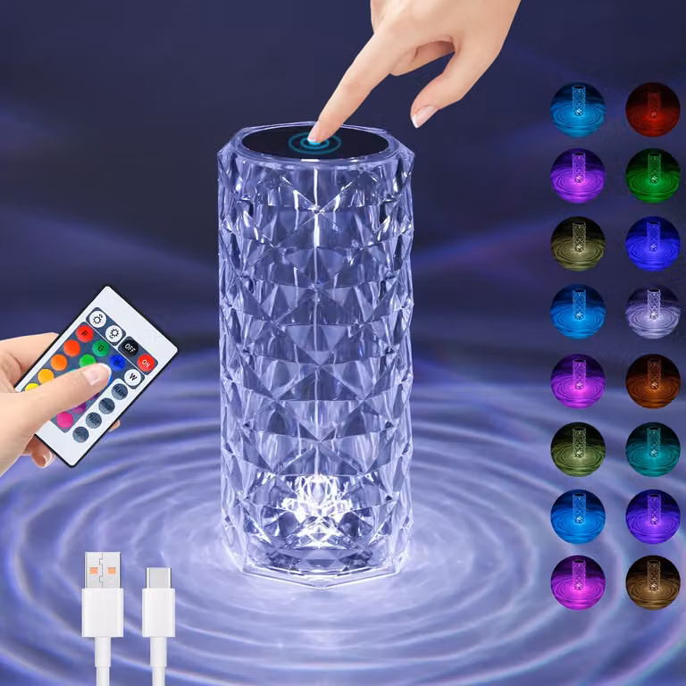 ZMH Lampada da tavolo Wireless LED touch - Lampada da tavolo ricaricabile in cristallo dimmerabile a 16 colori a batteria con telecomando per soggiorno camera da letto