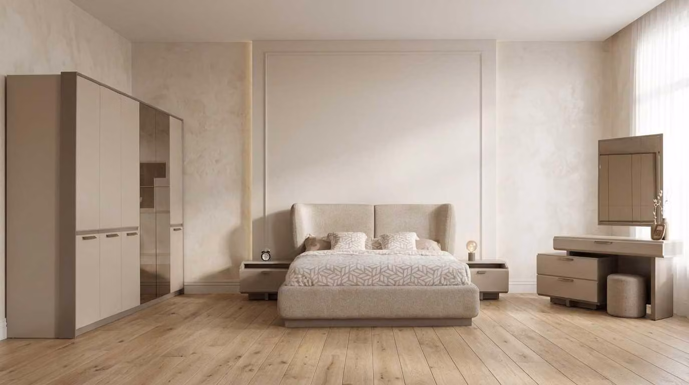 Armadio da camera da letto, letto, comò da trucco, color beige, design moderno ed elegante