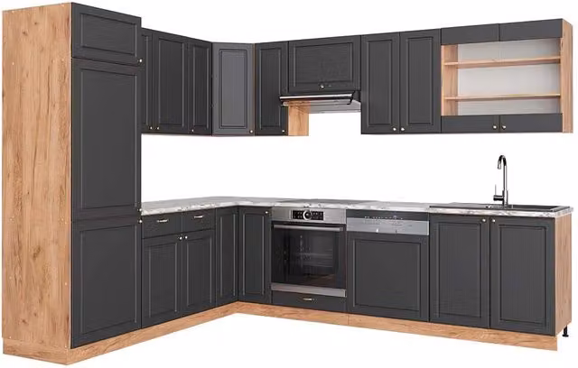 Cucina angolare completa Fame-Line Vicco in rovere dorato e antracite con dettagli oro e piano in marmo, L: 287 cm, P: 227 cm – 1