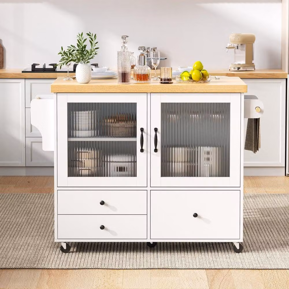Modulo cucina mobile - Mobiletto cucina con ruote - Tavolo pieghevole - Armadietto contenitore - Porta stoviglie - Bianco