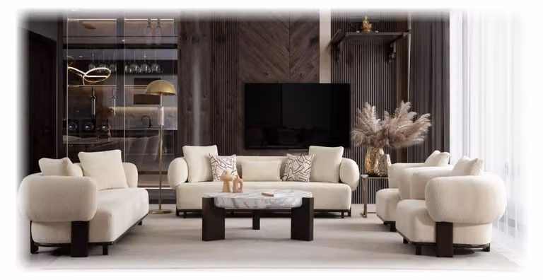 Divano moderno color crema, lussuoso set per soggiorno