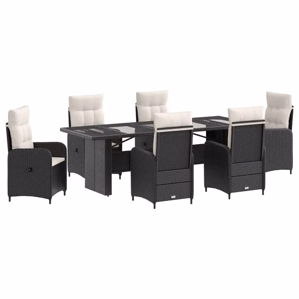 Set da pranzo per esterni vidaXL in polyrattan da 7 pezzi, colori nero, bianco e beige, con tavolo rettangolare in legno di acacia – 2