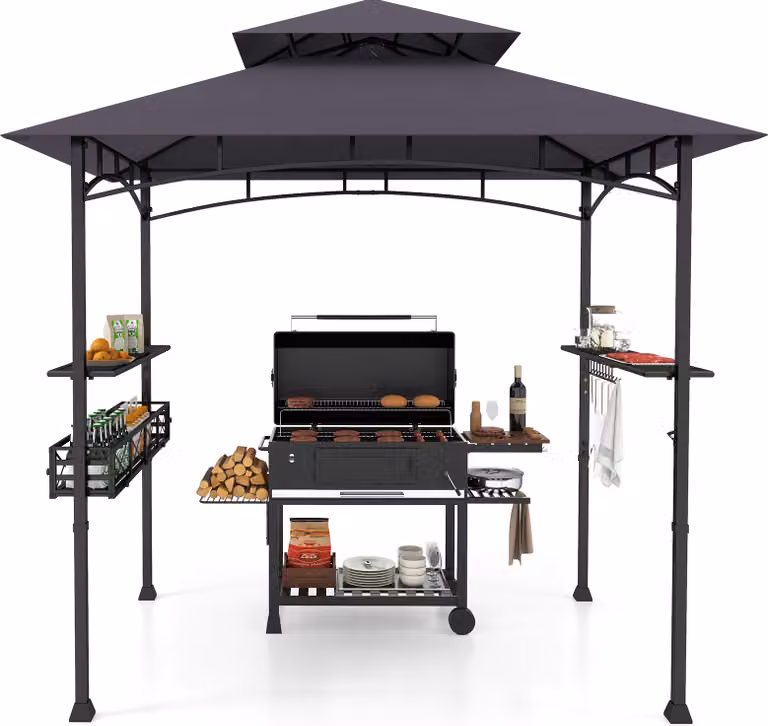 Gazebo barbecue COSTWAY con doppio tetto, ripiani laterali, cestino in metallo, ganci e apribottiglie, tettoie per barbecue resistenti alle intemperie, 242x153x250cm grigio scuro