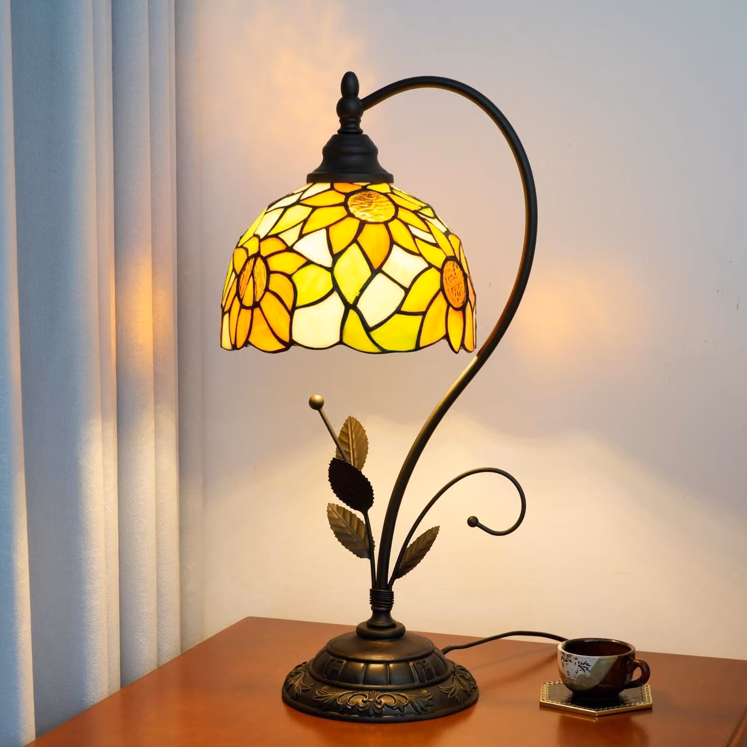 Lampada da tavolo - Vetrata colorata - 25 x 25 x 50 cm - Motivo girasole - E27 con LED