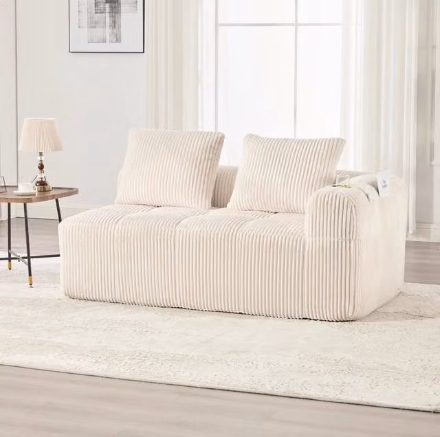 Divano 2 posti 158x93x61 cm in corduroy beige, con portabevande, per spazi piccoli –