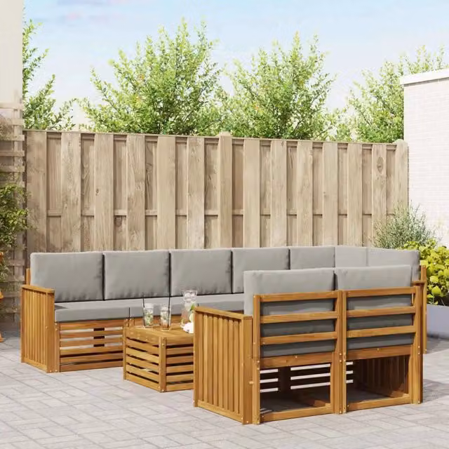 Set di divani da esterno a L con tavolino vidaXL, 9 pezzi in legno di acacia e tessuto grigio
