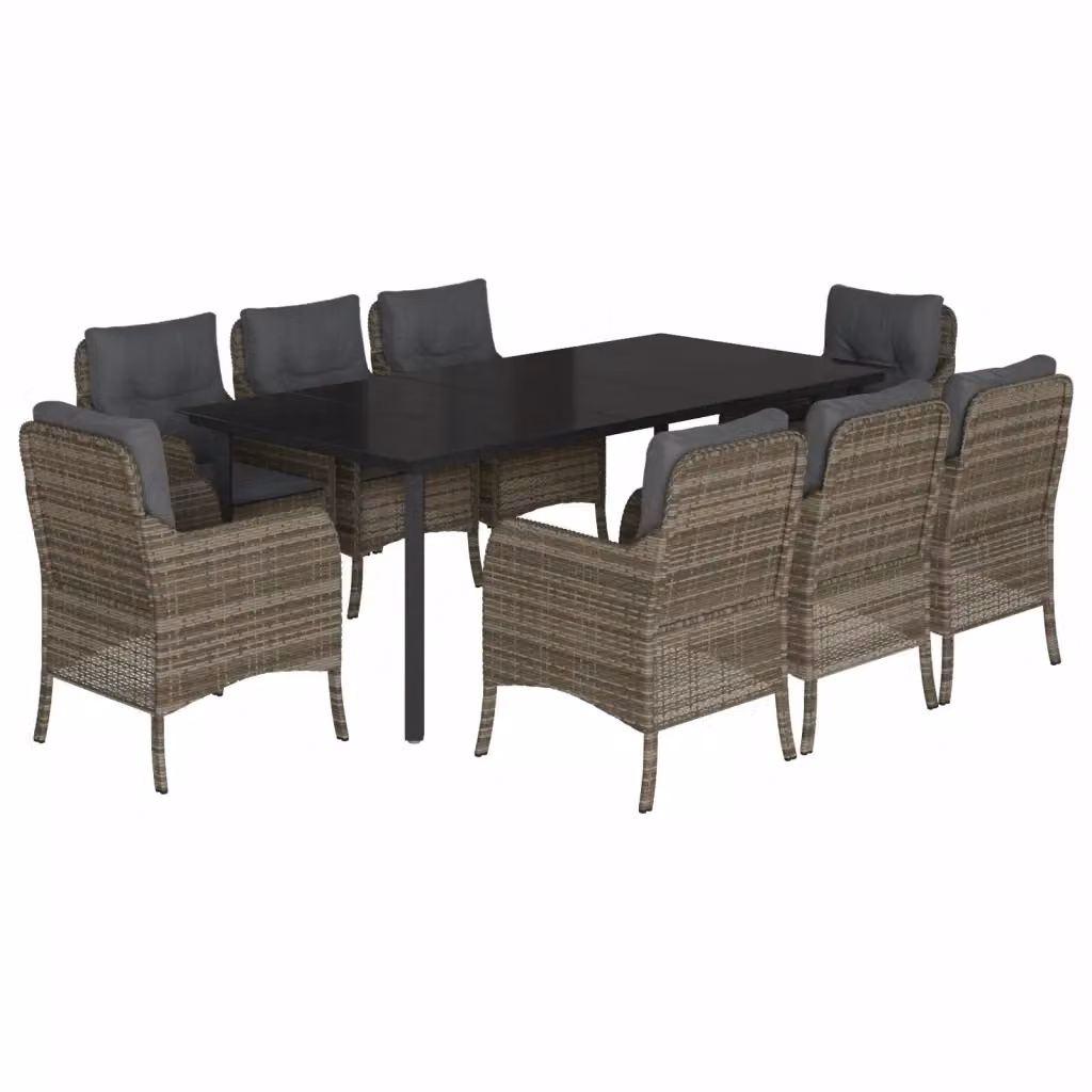 Set da pranzo da giardino vidaXL in polyrattan e vetro con 9 pezzi, colore grigio e nero – 2