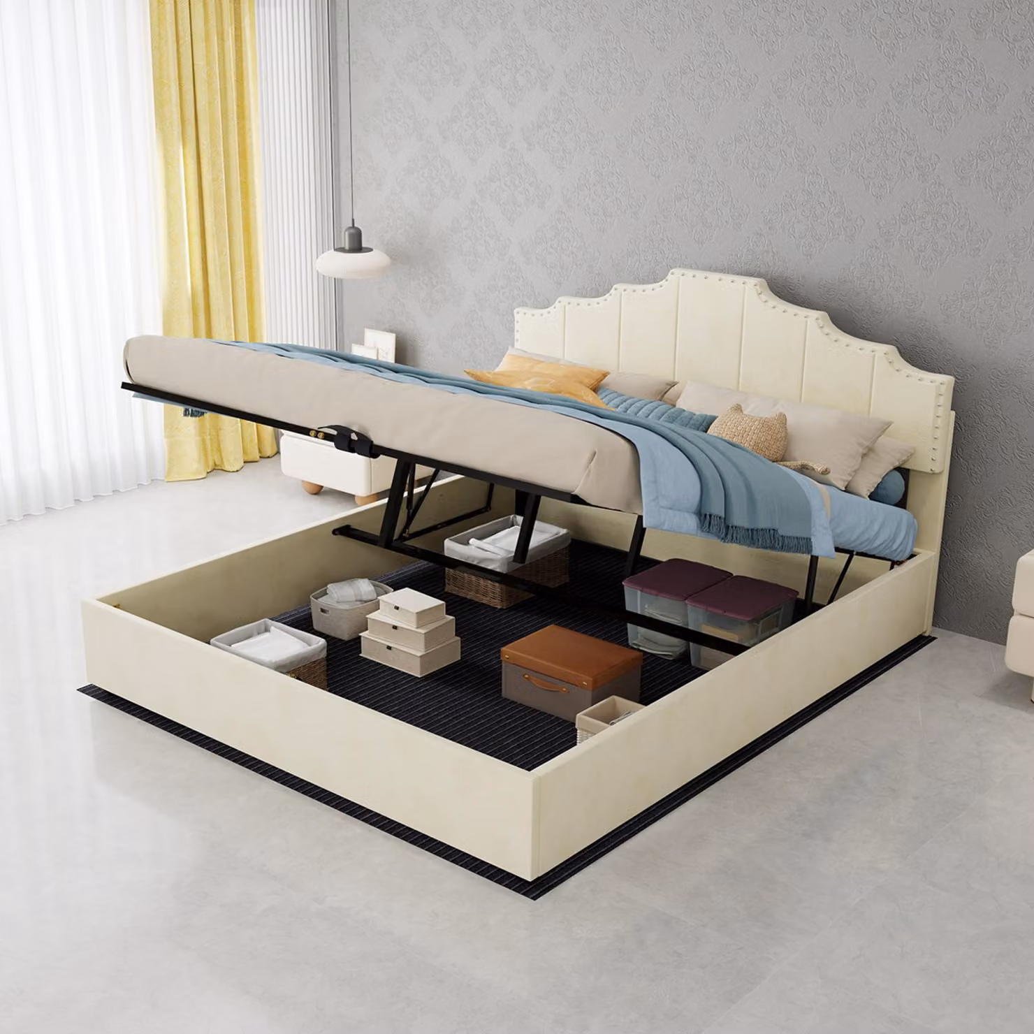 Letto imbottito 90x200 cm con spazio contenitore e funzione di ricarica USB/Tipo-C, letto singolo con cassettiera, testiera imbottita e rete a doghe, ideale per la camera da letto