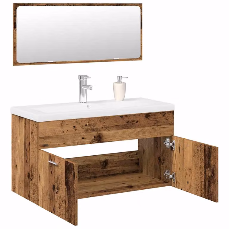 Set di mobili da bagno vidaXL 3 pezzi in legno antico marrone e bianco con mobile lavabo e armadietto specchio a parete