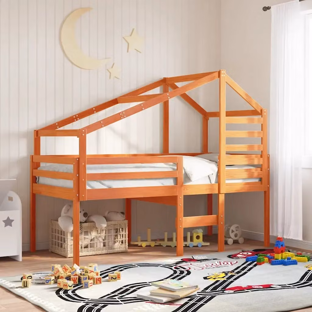 Tetto Letto per Bambini in Legno Massello di Pino Marrone Cera L: 198 cm, P: 87 cm, H: 113 cm CFW2372665 – 2