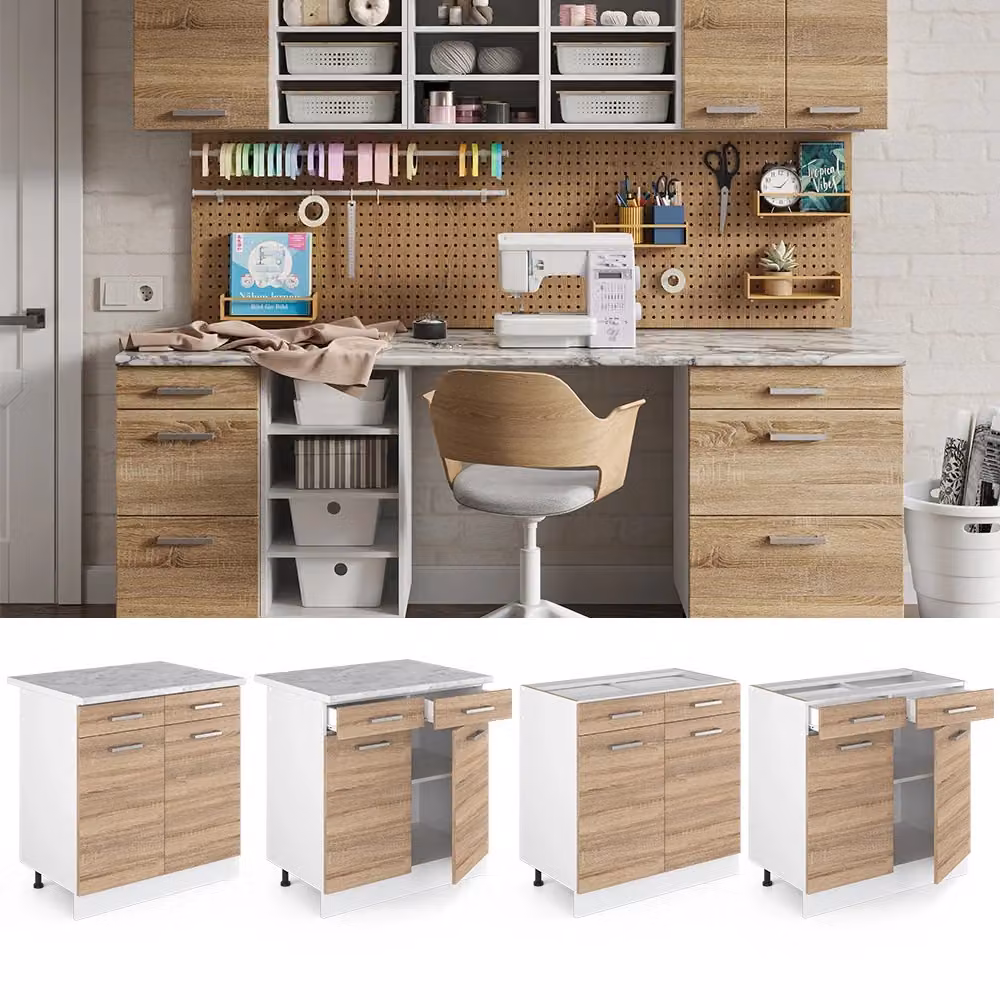 Base cucina universale Vicco R-Line Sonoma marrone con ante e cassetti, L: 80 cm – 2