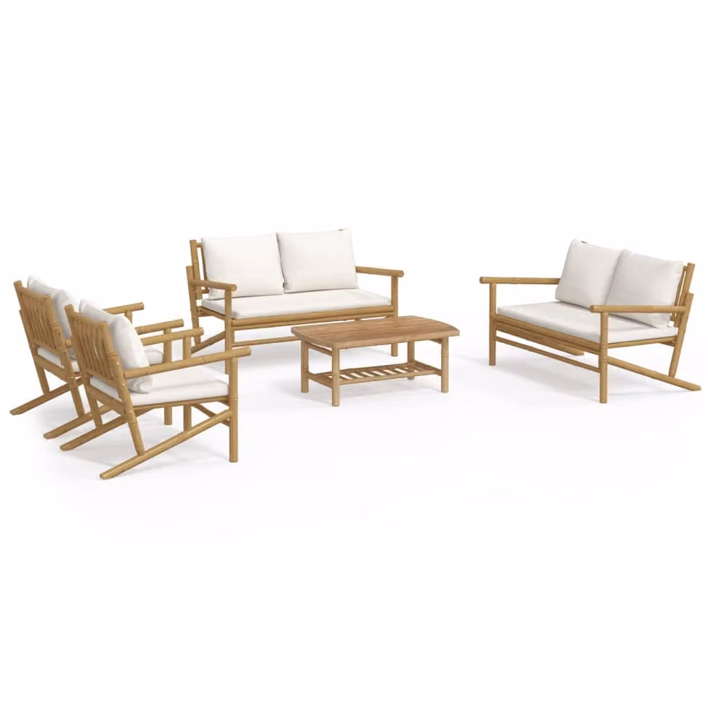 Set Salotto da Giardino 5pz con Cuscini Bianco Crema in Bambù