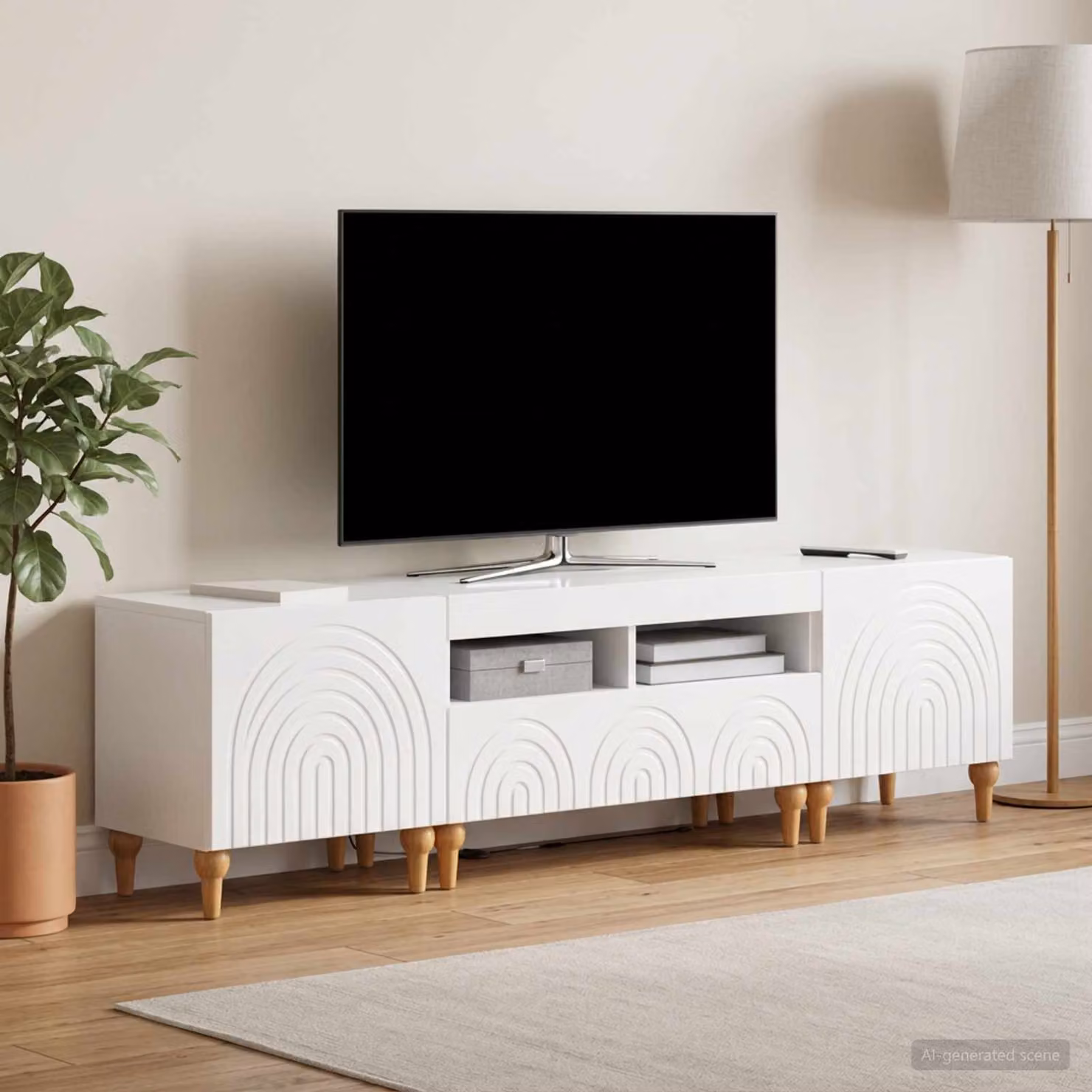 Mobile TV LED vidaXL moderno in legno MDF bianco lucido con illuminazione integrata e scomparti multimediali L/P/H: 180 x 43 x 81 cm