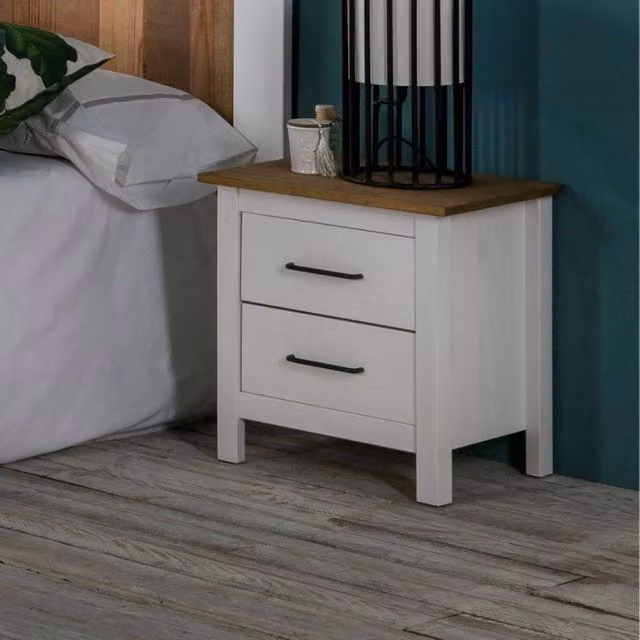 Comodino Miranda con 2 cassetti in legno massiccio bianco e top in pino – 1