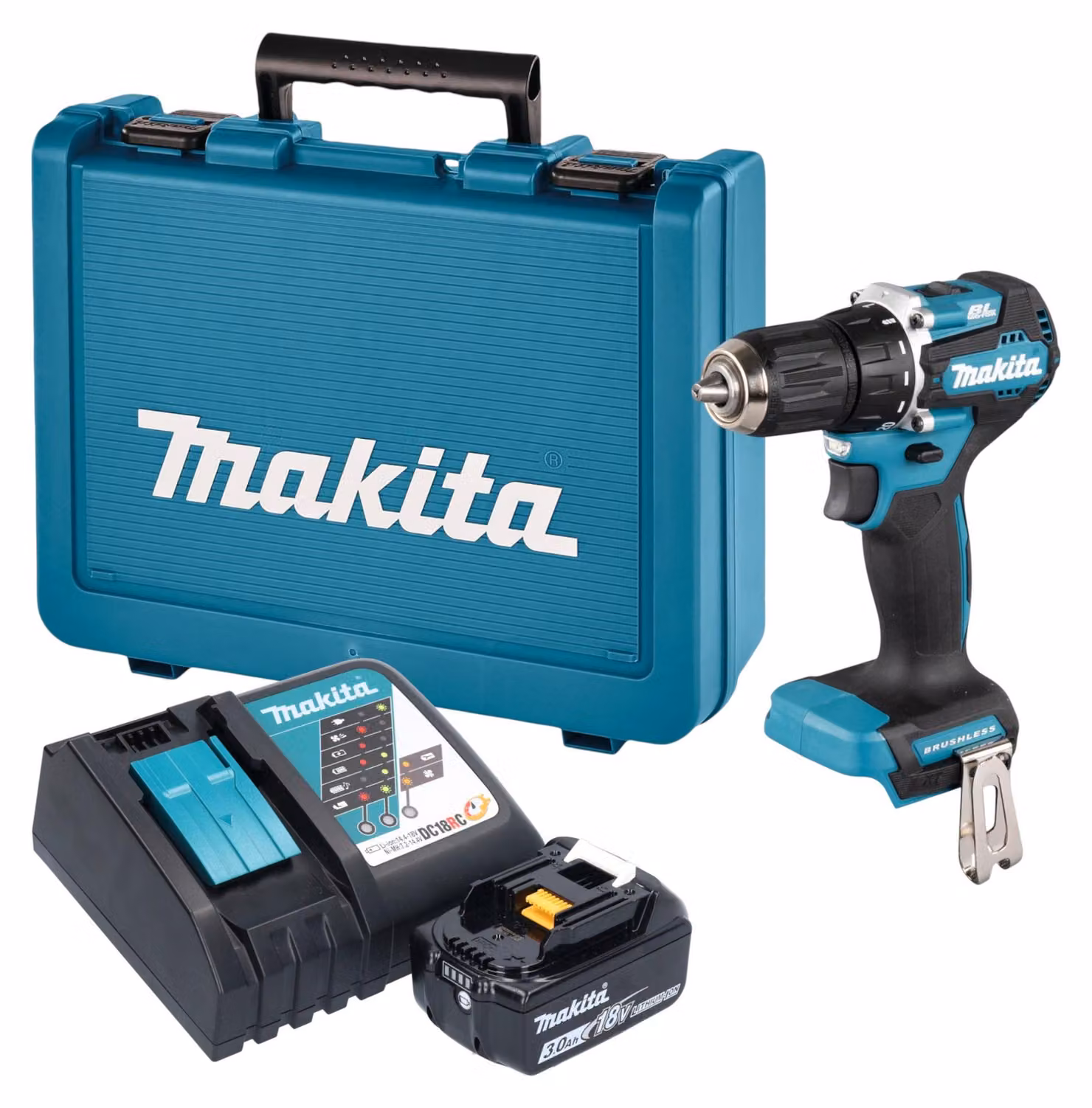 Trapano avvitatore a batteria Makita DDF 487 RF1E 18 V 40 Nm Brushless + 1 batteria da 3,0 Ah + caricabatterie + valigetta