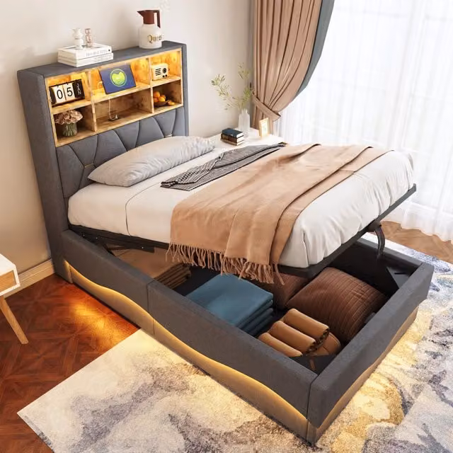 Letto singolo per bambini OKWISH con contenitore a sollevamento, illuminazione LED, porta USB e mensola laterale, grigio, L/P/H: 200 x 90 x 131 cm