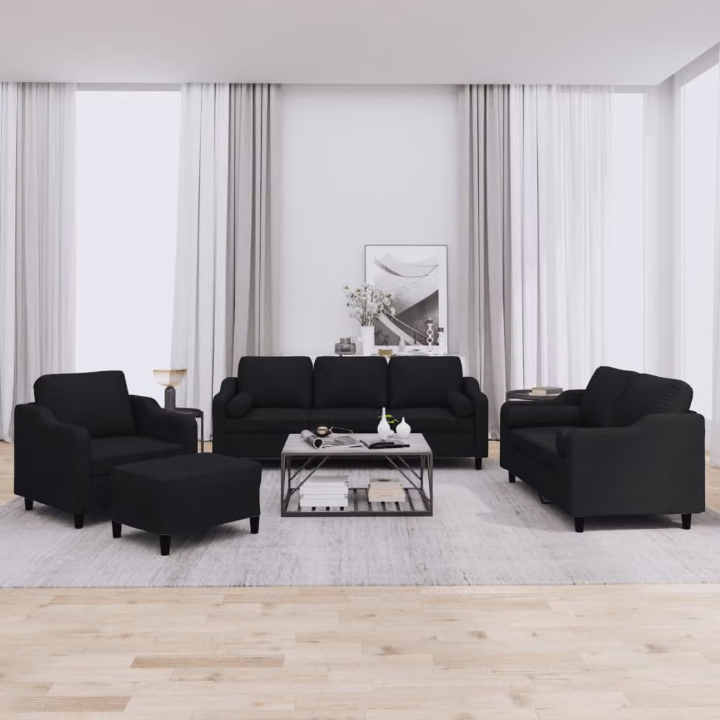 Set di Divani vidaXL 4 Pezzi Moderno in Tessuto Nero con Cuscini e Pouf per Soggiorno – 1