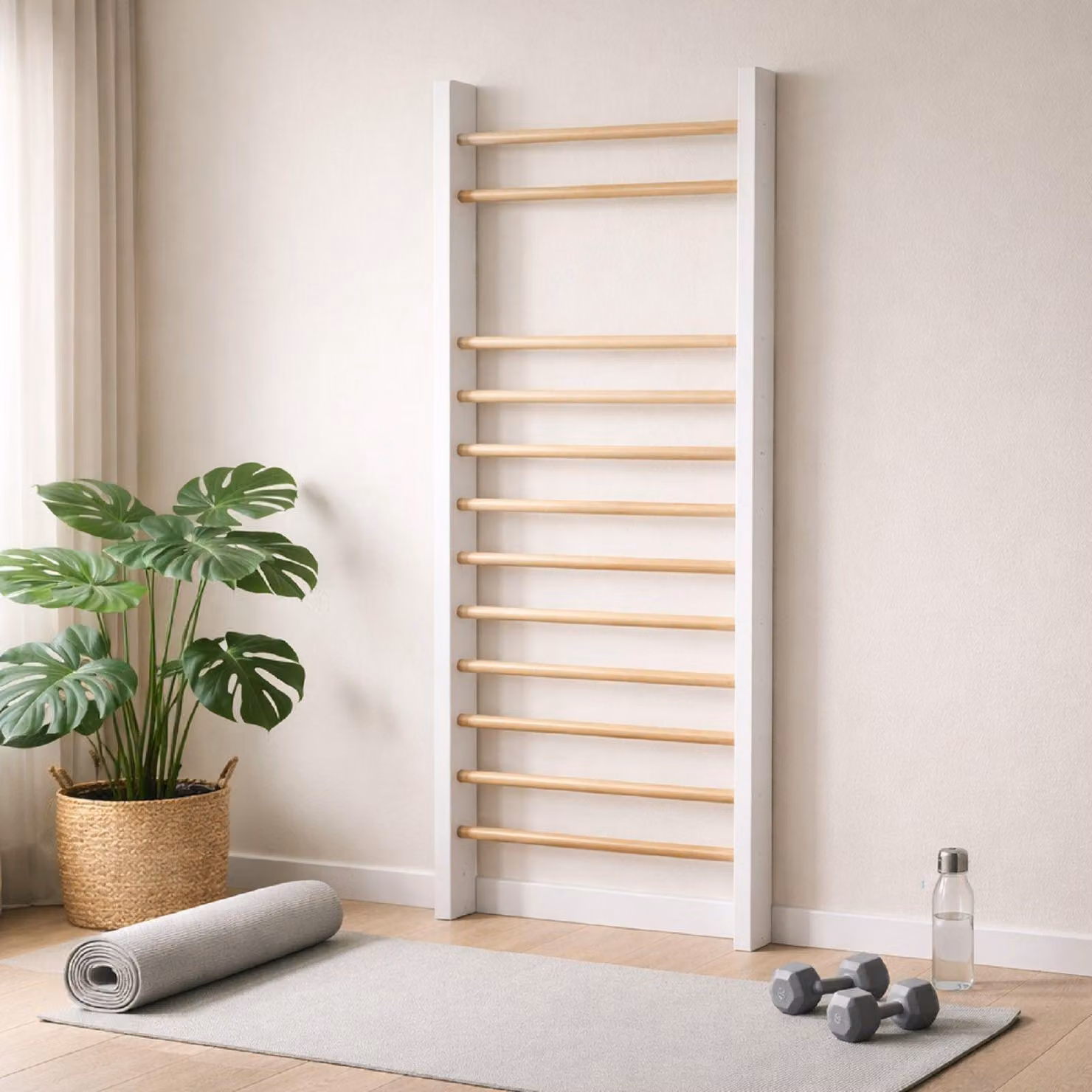 QLS Scala da ginnastica in legno 195x80 cm Bianca Telaio in legno di faggio Pioli 11440