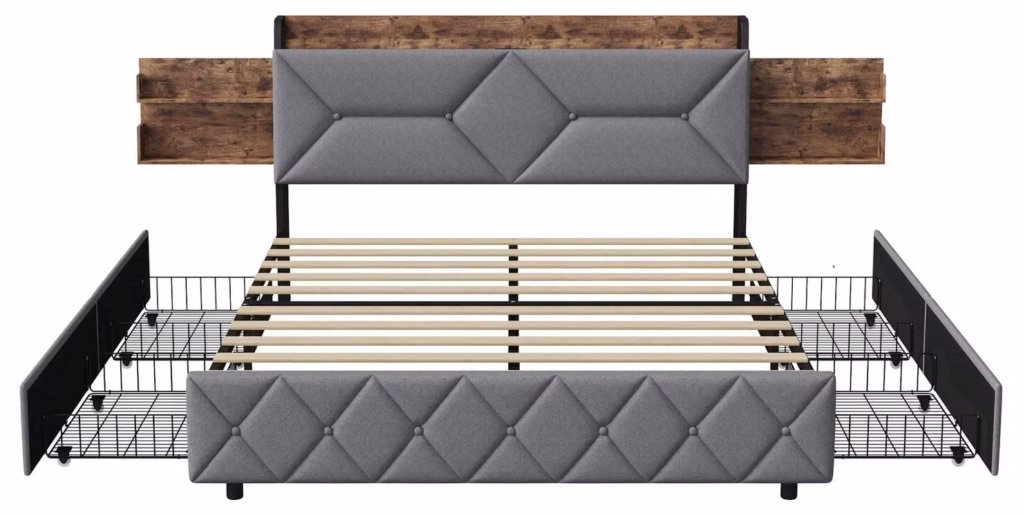 Letto imbottito con contenitore - 160 x 200 cm - Contenitore integrato - Rivestimento in tessuto - Struttura a listelli - Grigio