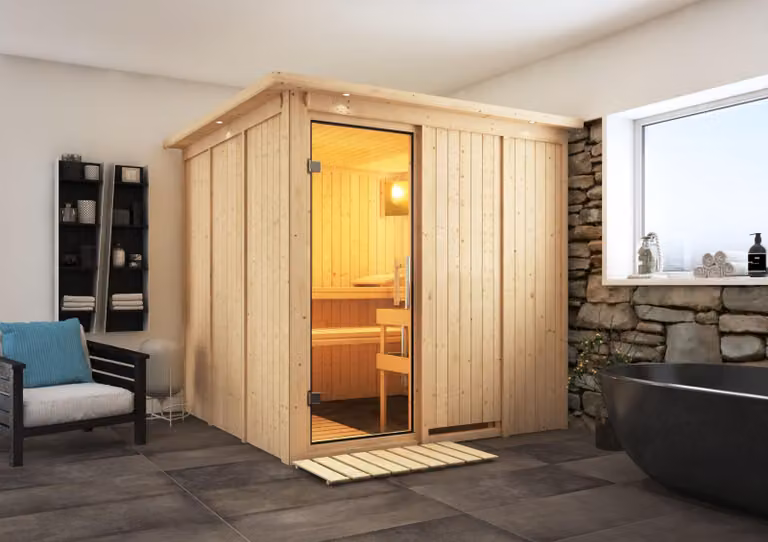 Sauna Karibu Rodin (ingresso frontale), porta interamente in vetro trasparente, stufa da 9 kWcon comando esterno easy