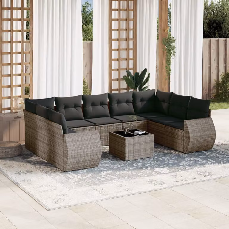 Set Divano da Giardino vidaXL 10 pz in Polyrattan Grigio con Cuscini e Tavolino da Caffè