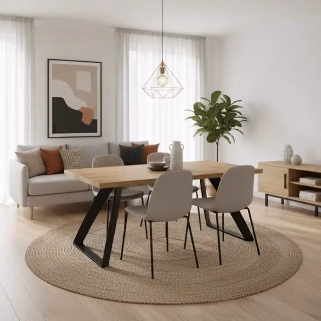Tavolo da pranzo fisso Timber Duzzle in legno impiallacciato rovere naturale e metallo, design moderno rettangolare, L: 160 cm, P: 90 cm – 1