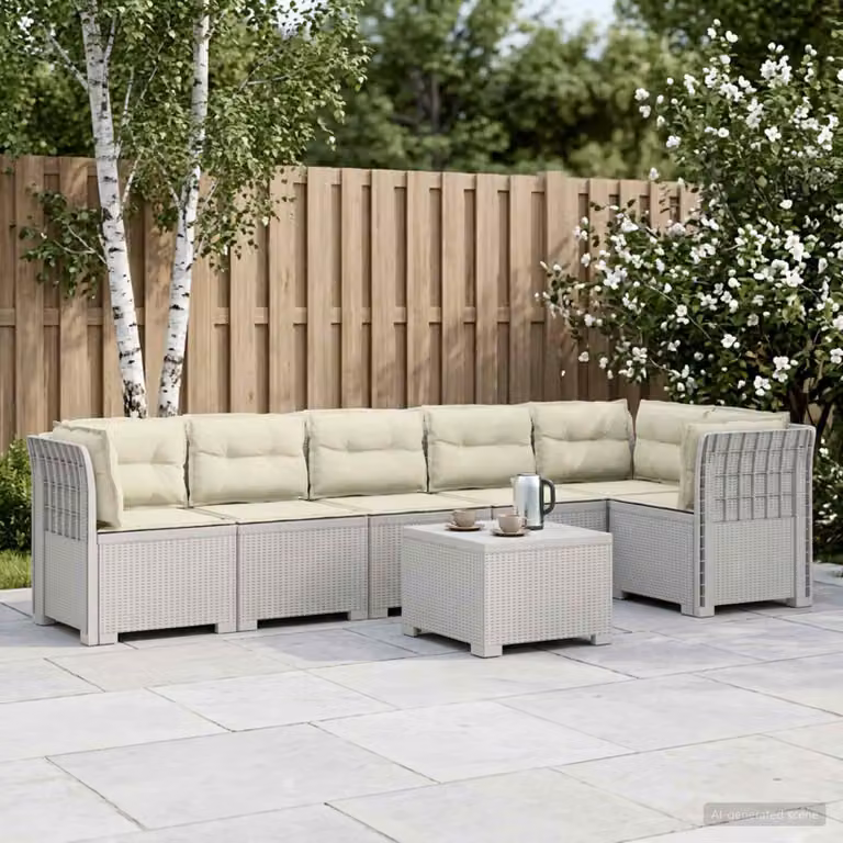 vidaXL Divano da Giardino a L per 6 Persone con Cuscini e Tavolino, Design Moderno in Rattan Bianco e Tessuto Resistente alle Intemperie