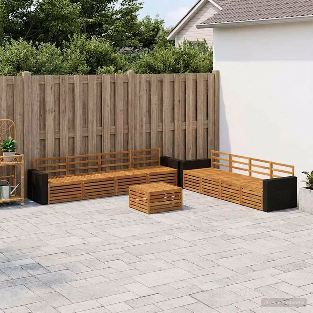 vidaXL Set di divani da esterno a forma di U in legno di acacia marrone con 9 pezzi e cuscini inclusi