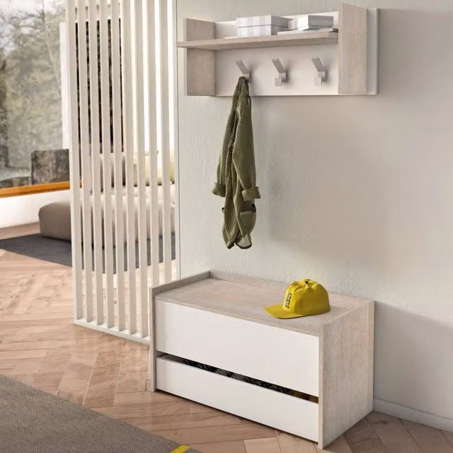 Mobile da ingresso Actinolite, Entratina moderna con appendiabiti, Mobile con scarpiera, Armadietto multifunzione, Cm 50x32h182, Rovere e Bianco