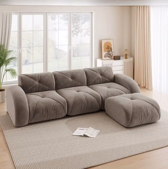 Divano modulare in ciniglia con pouf; 281×171×76 cm; tortora