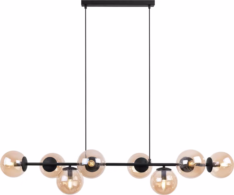 Lampada a sospensione Siena nera a 8 luci con paralumi color ambra E14