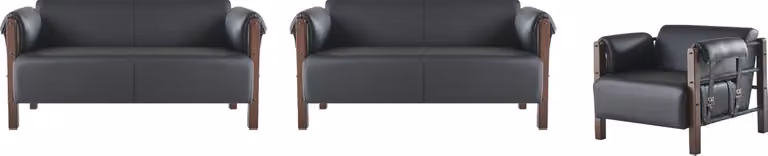 Sofa-Set Sofagarnituren Sofas Leder 2-Sitzer Sessel Schwarz Modern Holz