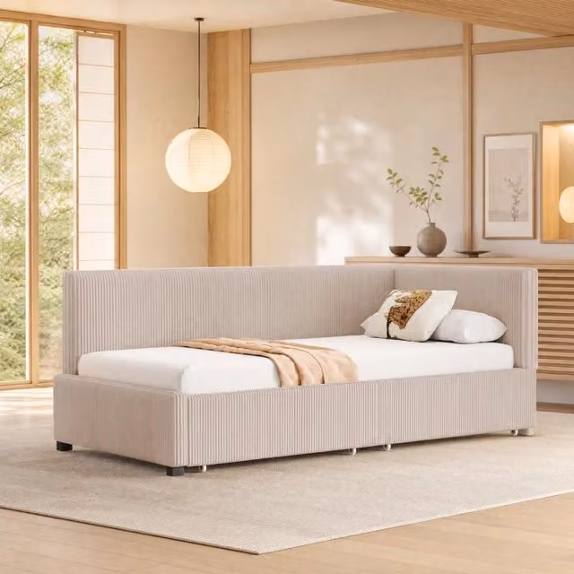 Letto imbottito con 2 cassetti contenitore; 90x200 cm; rivestimento in tessuto beige