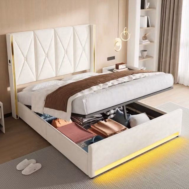 Letto Contenitore REDOM in Velluto Beige con USB, LED e Tasche Laterali L/P/H: 160 x 200 x 141 cm