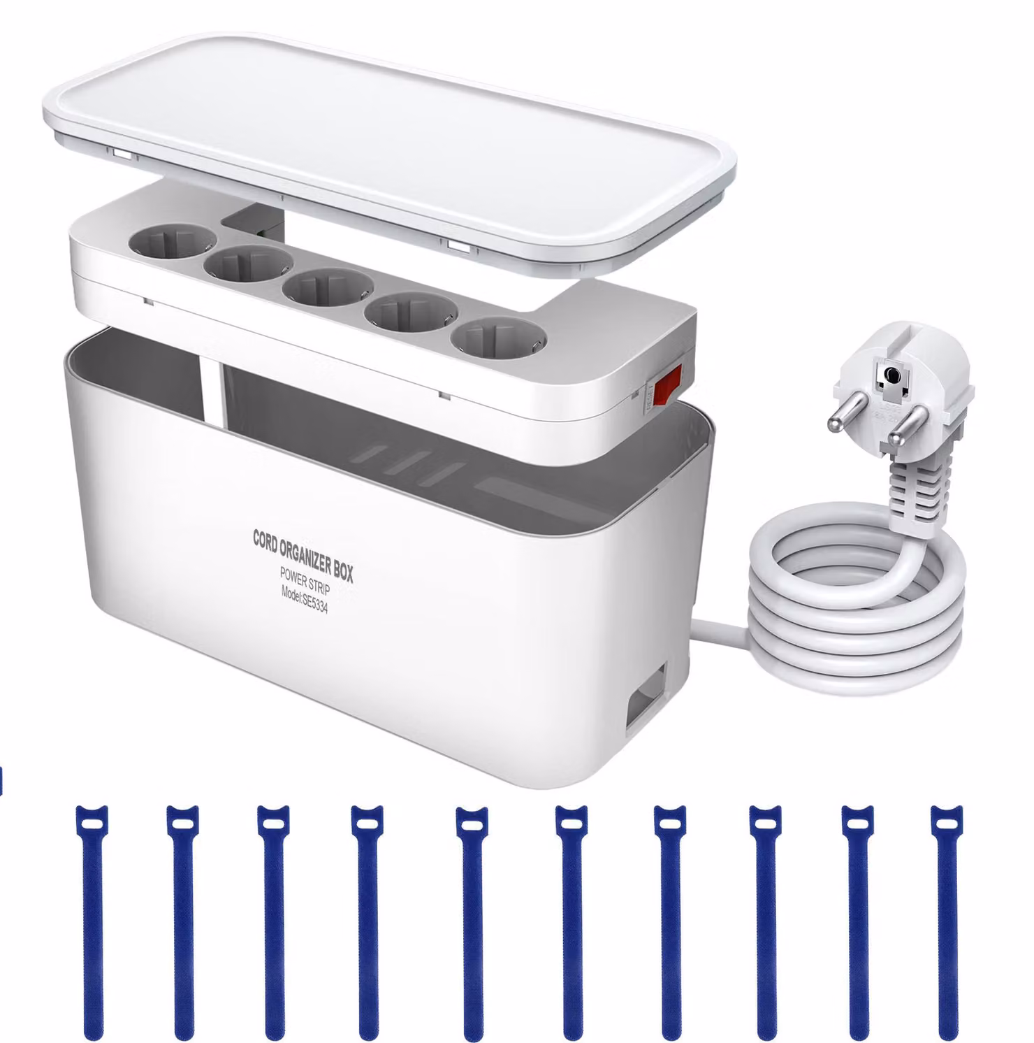 Scatola per cavi con ciabatta multipresa USB-C, protezione da sovratensione, ciabatta multipla a 5 prese con 3 porte di ricarica USB, organizer per cavi, adattatore per prese, dimensioni 29,5 x 14 x 14 cm, cavo di 2 metri, colore bianco