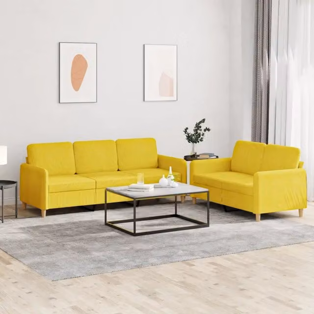 Set di Divani 2 pz con Cuscini Giallo Chiaro in Tessuto 3202123