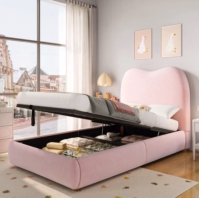 Letto singolo imbottito ULEVR 90x200 cm con vano contenitore idraulico, rete a doghe e testiera in velluto rosa